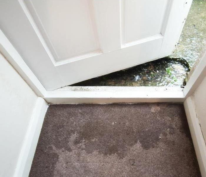 The front door to a house is cracked open as flood waters seep in.