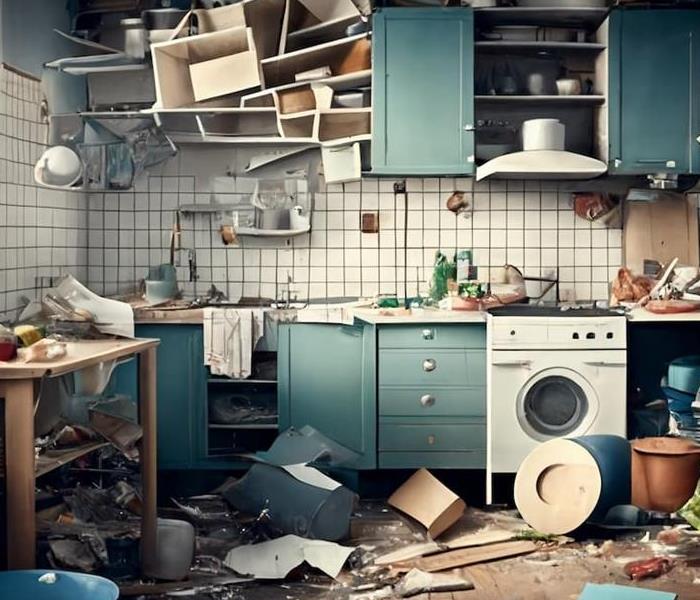 A damaged kitchen in dire need of cleanup as debris and broken shelves line the walls.