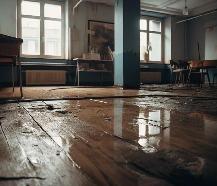 Standing water on a wooden floor with furniture around it.