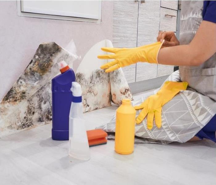 Woman kneeling on the floor, putting on rubber cleaning gloves. The wall has peeling wallpaper and mold is underneath. 